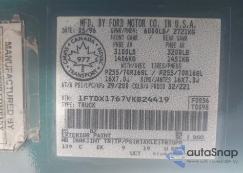 1997 Ford F-150 Lariat/Standard/Xl/Xlt from USA, damaged, VIN 1FTDX1767VKB24419